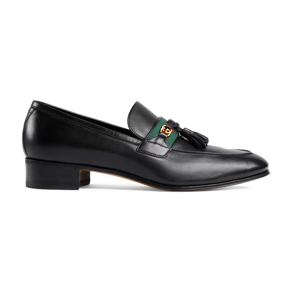 Gucci Men's Leather GG Web Tassel Loafers Black - Picture 2 of 3